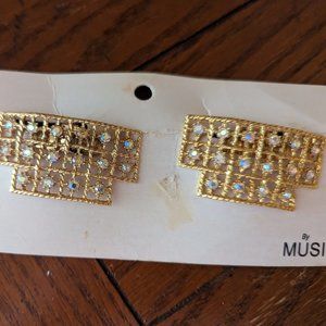 Set of 2 Vintage Gold Color Barrette Clips Rhinestones Hair Accessories By Musi